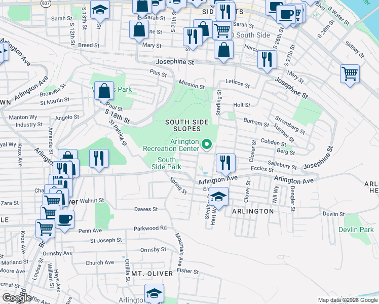 map of restaurants, bars, coffee shops, grocery stores, and more near 2104 Salisbury Street in Pittsburgh