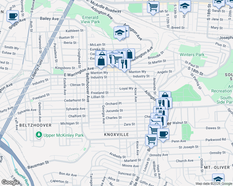 map of restaurants, bars, coffee shops, grocery stores, and more near 405 Allen Street in Pittsburgh