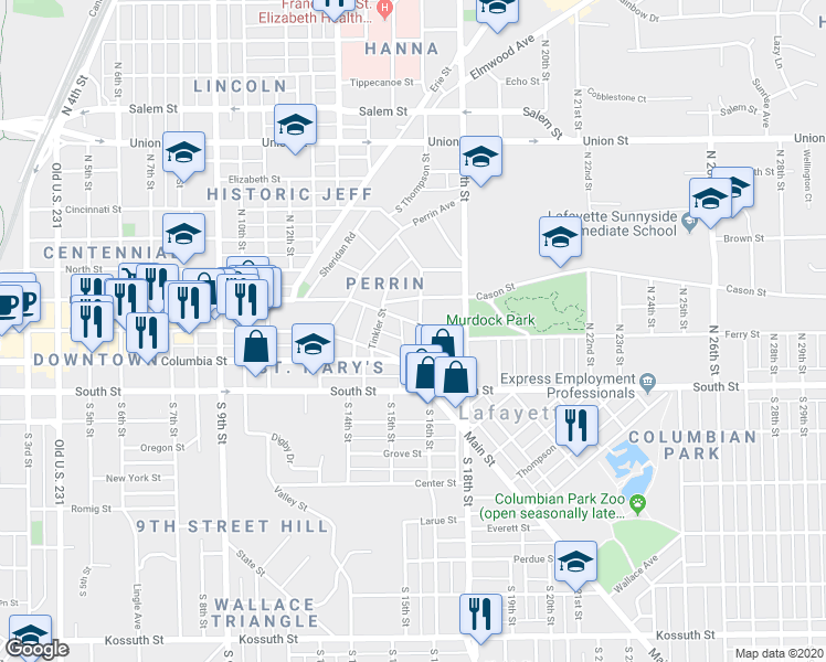 map of restaurants, bars, coffee shops, grocery stores, and more near 1511 Ferry Street in Lafayette