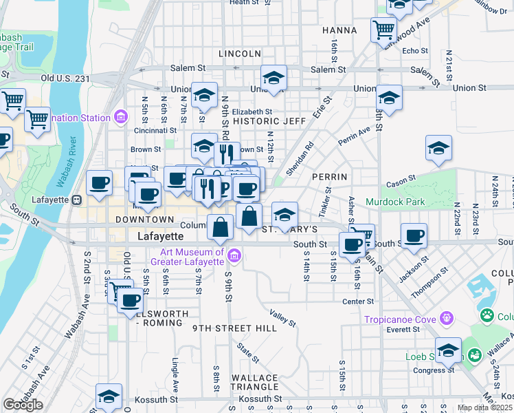 map of restaurants, bars, coffee shops, grocery stores, and more near 1109 Main Street in Lafayette