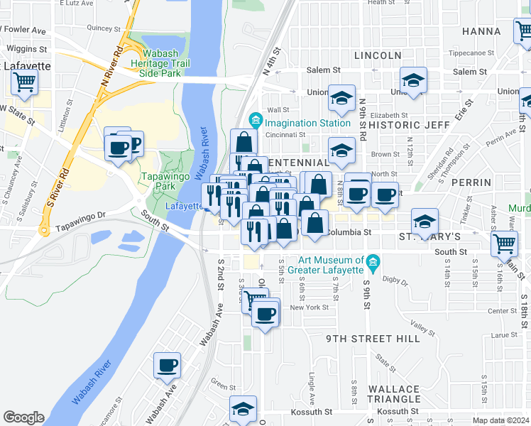 map of restaurants, bars, coffee shops, grocery stores, and more near 332 Main Street in Lafayette