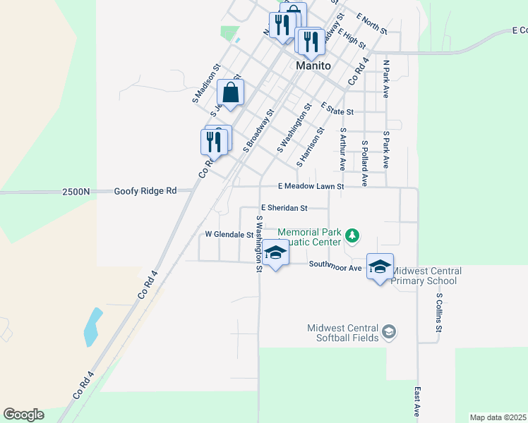 map of restaurants, bars, coffee shops, grocery stores, and more near 200 East Sheridan Street in Manito