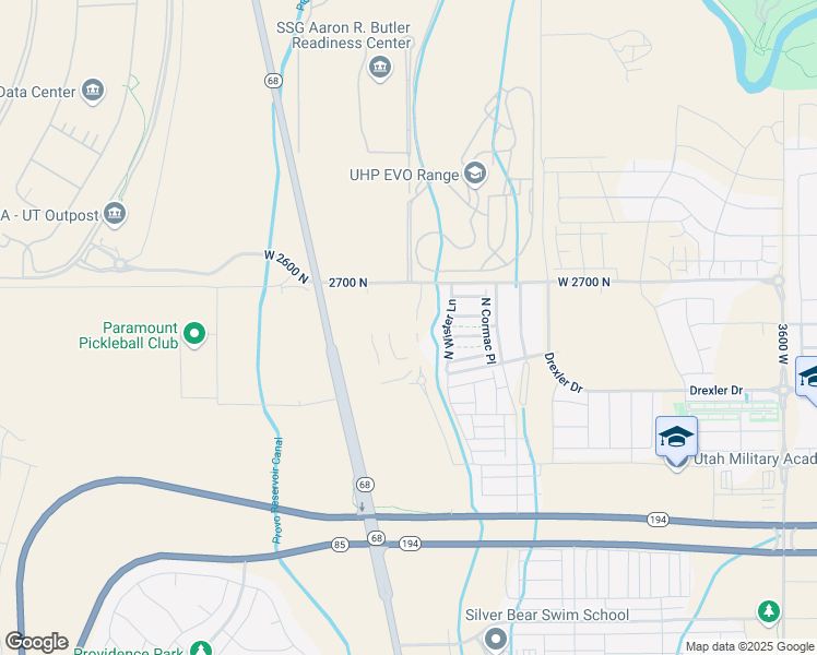 map of restaurants, bars, coffee shops, grocery stores, and more near 2601 North Ferguson Drive in Lehi