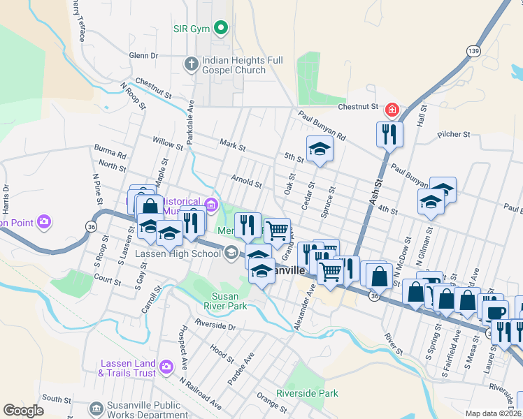 map of restaurants, bars, coffee shops, grocery stores, and more near 1209 North Street in Susanville