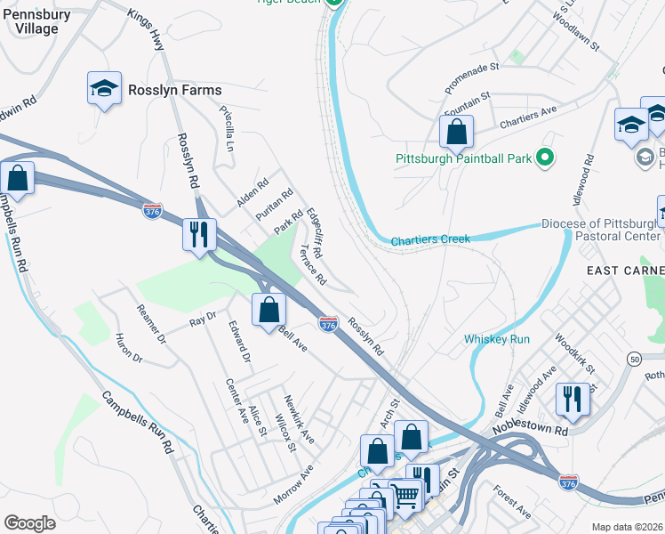map of restaurants, bars, coffee shops, grocery stores, and more near 20 Edgecliff Road in Carnegie
