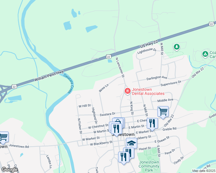 map of restaurants, bars, coffee shops, grocery stores, and more near 231 Rose Lane in Jonestown