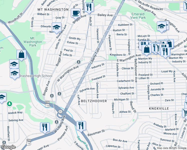 map of restaurants, bars, coffee shops, grocery stores, and more near 205 Freeland Street in Pittsburgh