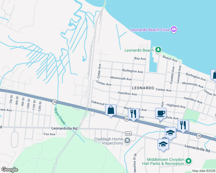 map of restaurants, bars, coffee shops, grocery stores, and more near 118 Center Avenue in Leonardo