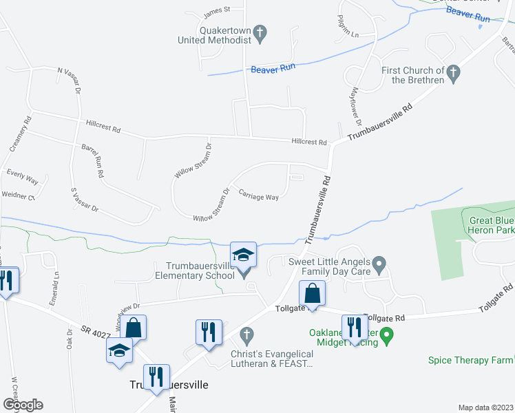 map of restaurants, bars, coffee shops, grocery stores, and more near 907 Eaton Court in Quakertown