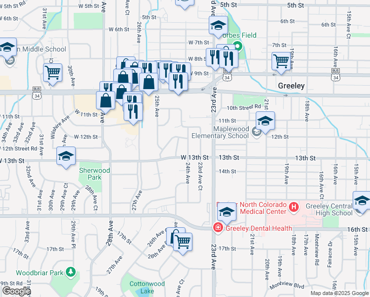 map of restaurants, bars, coffee shops, grocery stores, and more near 1221 24th Avenue in Greeley