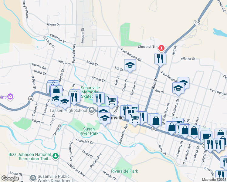 map of restaurants, bars, coffee shops, grocery stores, and more near 249 Grand Avenue in Susanville
