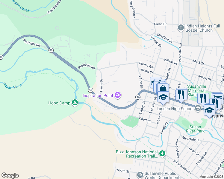 map of restaurants, bars, coffee shops, grocery stores, and more near 60 Inspiration Point Road in Susanville