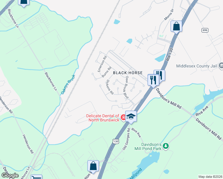 map of restaurants, bars, coffee shops, grocery stores, and more near 33 Dickens Road in North Brunswick Township