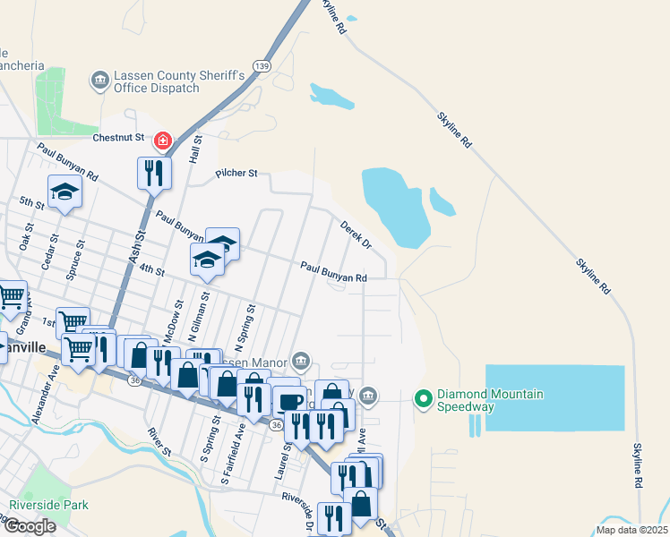 map of restaurants, bars, coffee shops, grocery stores, and more near 500 Howard Court in Susanville