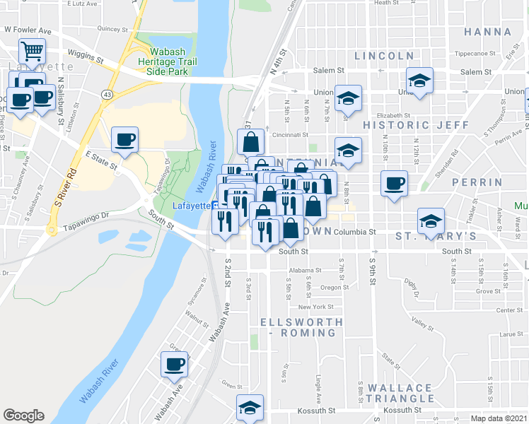 map of restaurants, bars, coffee shops, grocery stores, and more near 336 Main Street in Lafayette