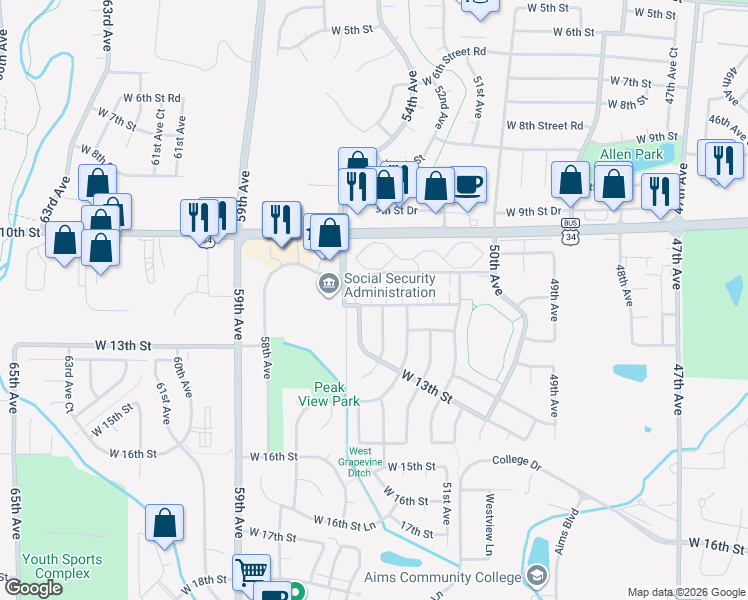 map of restaurants, bars, coffee shops, grocery stores, and more near 5223 West 11th Street Road in Greeley