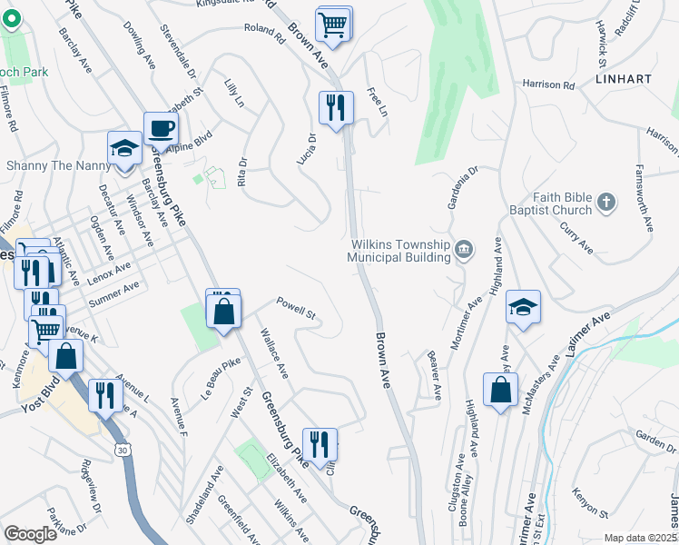 map of restaurants, bars, coffee shops, grocery stores, and more near 567 Brown Avenue in Turtle Creek