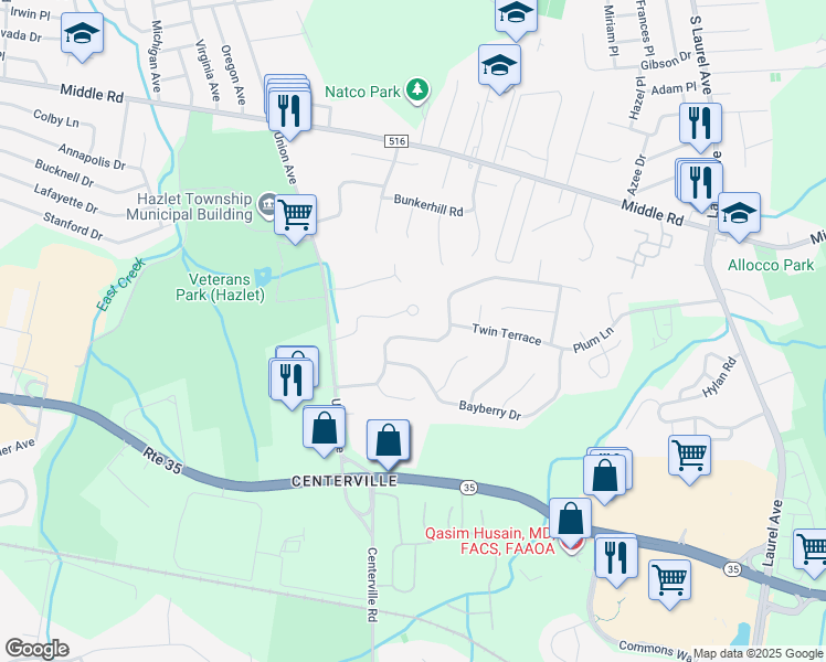map of restaurants, bars, coffee shops, grocery stores, and more near 23 Hawthorne Avenue in Holmdel