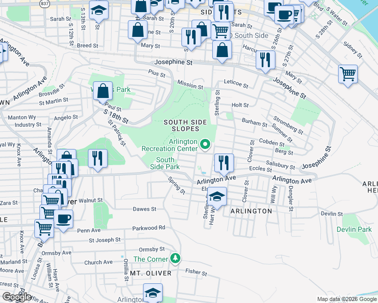 map of restaurants, bars, coffee shops, grocery stores, and more near 2104 Salisbury Street in Pittsburgh