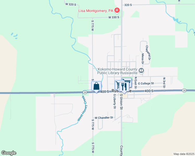 map of restaurants, bars, coffee shops, grocery stores, and more near 4174 South 775 West in Russiaville