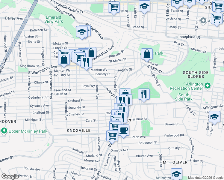 map of restaurants, bars, coffee shops, grocery stores, and more near 1508 Arlington Avenue in Pittsburgh