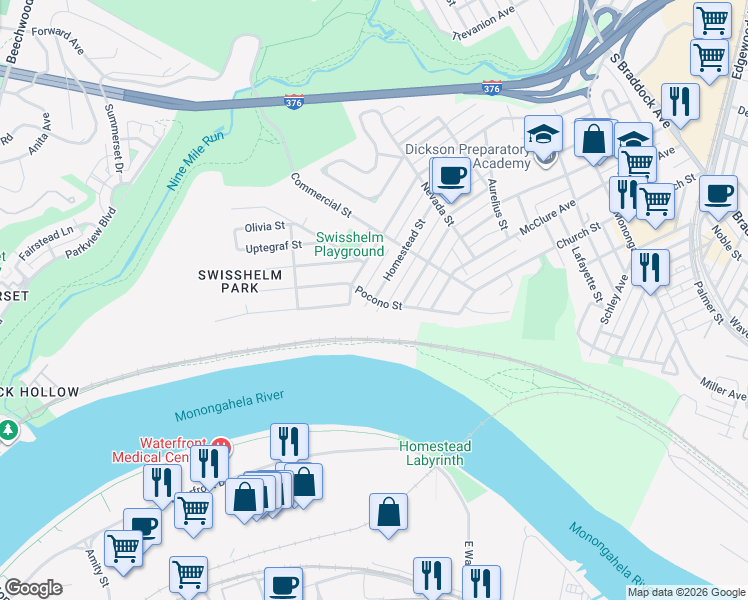 map of restaurants, bars, coffee shops, grocery stores, and more near 1330 Pocono Street in Pittsburgh