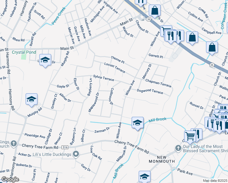 map of restaurants, bars, coffee shops, grocery stores, and more near 17 Collinson Drive in Middletown