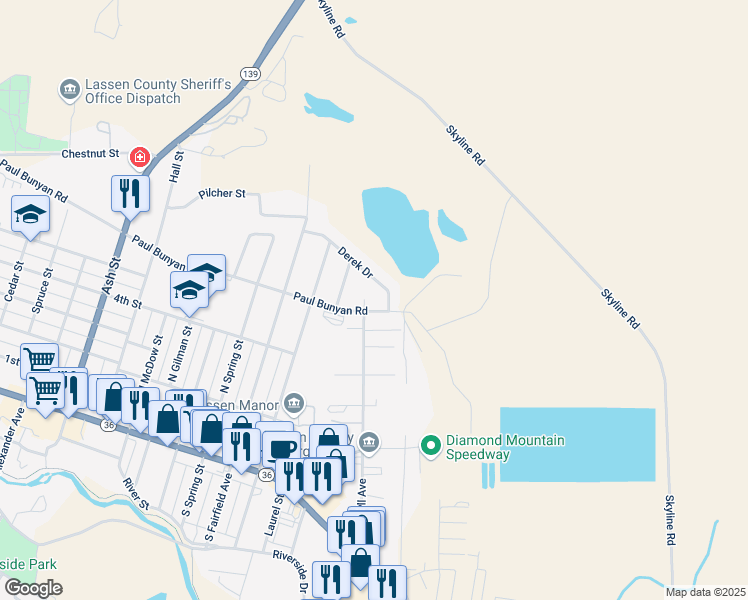 map of restaurants, bars, coffee shops, grocery stores, and more near 45 Russell Court in Susanville