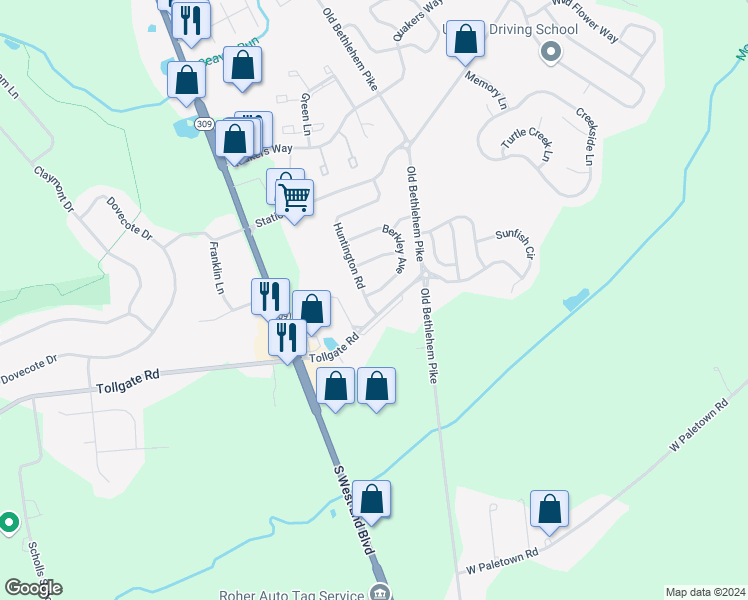map of restaurants, bars, coffee shops, grocery stores, and more near 1004 Huntington Road in Quakertown