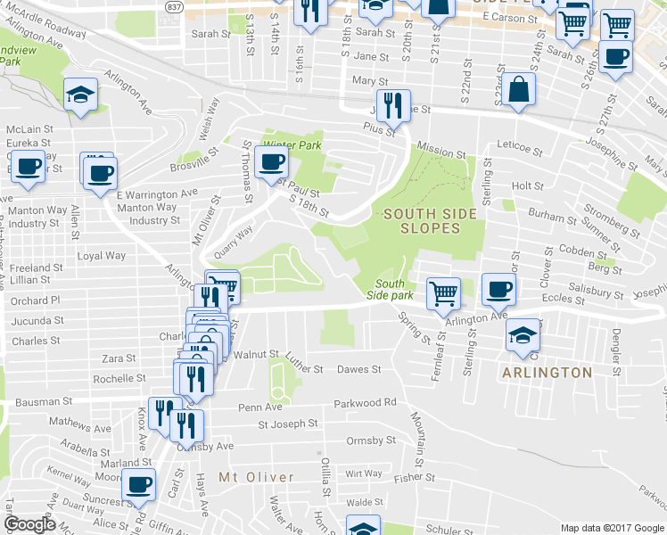 map of restaurants, bars, coffee shops, grocery stores, and more near 1727 Saint Patrick Street in Pittsburgh