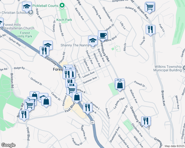 map of restaurants, bars, coffee shops, grocery stores, and more near 404 Lenox Avenue in Pittsburgh
