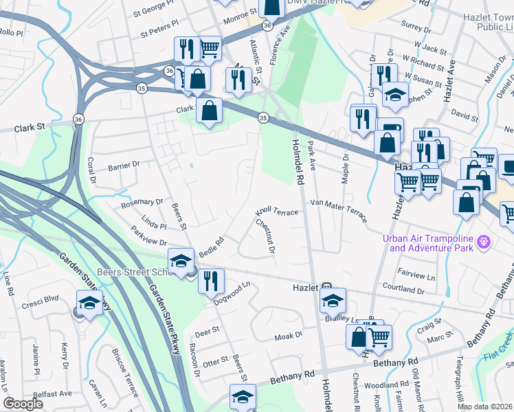 map of restaurants, bars, coffee shops, grocery stores, and more near 20 Knoll Terrace in Hazlet