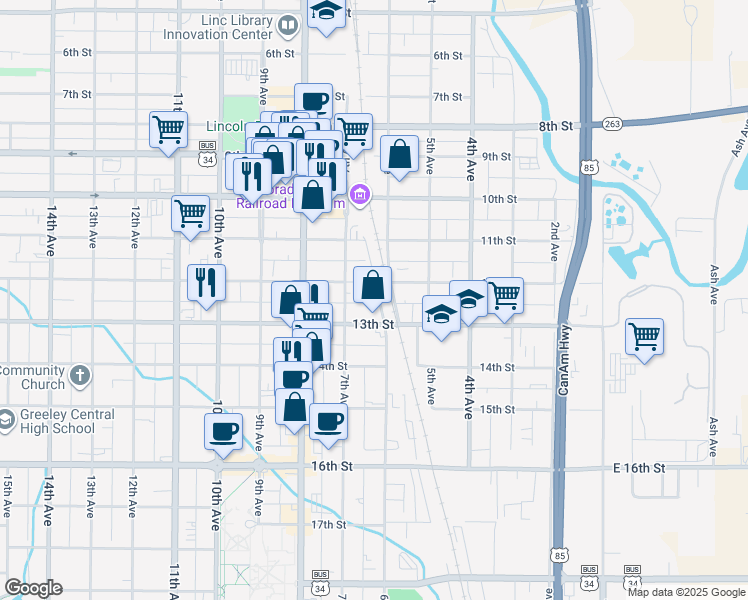 map of restaurants, bars, coffee shops, grocery stores, and more near 606 12th Avenue in Greeley