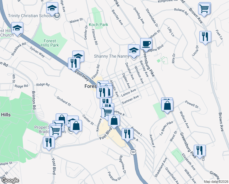 map of restaurants, bars, coffee shops, grocery stores, and more near 533 Atlantic Avenue in Pittsburgh