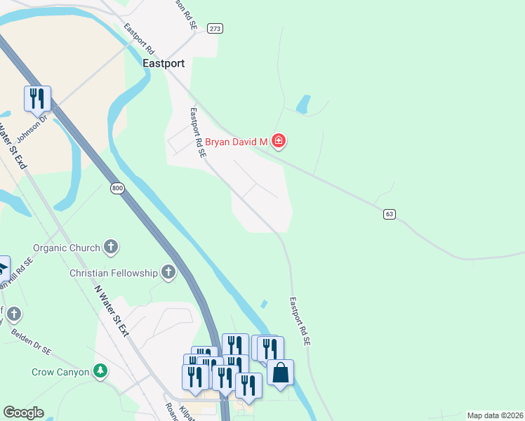 map of restaurants, bars, coffee shops, grocery stores, and more near 3557 Eastport Road Southeast in Dennison