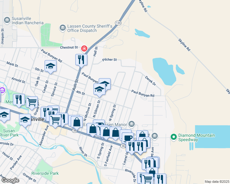 map of restaurants, bars, coffee shops, grocery stores, and more near 450 North Spring Street in Susanville