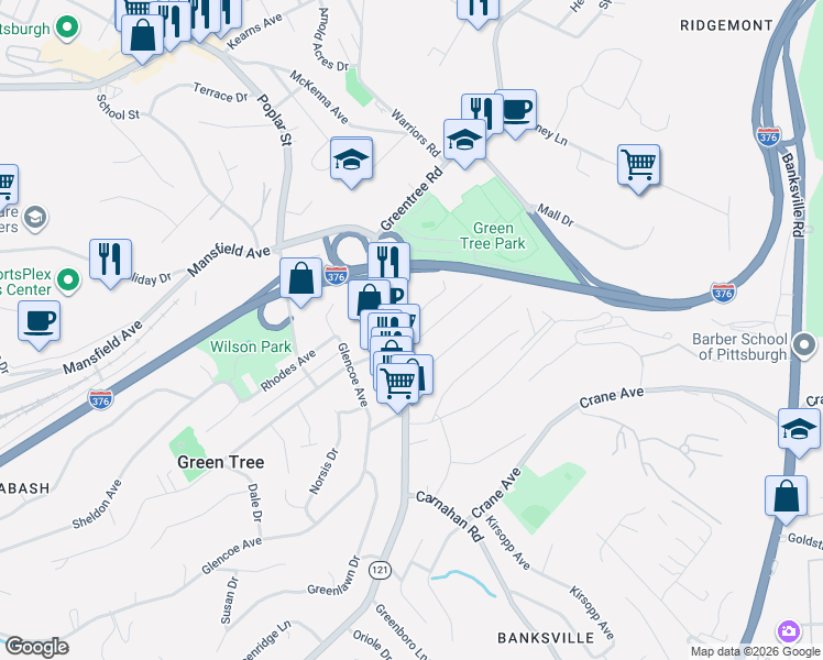 map of restaurants, bars, coffee shops, grocery stores, and more near 89 East Manilla Avenue in Pittsburgh