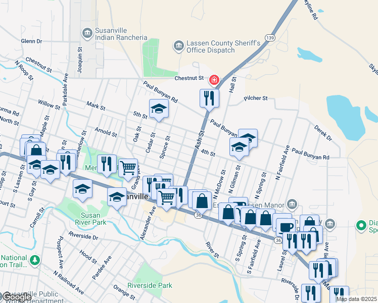 map of restaurants, bars, coffee shops, grocery stores, and more near 1614 4th Street in Susanville