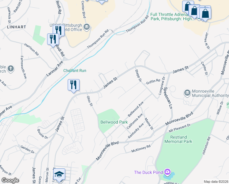 map of restaurants, bars, coffee shops, grocery stores, and more near 129 Coventry Court in Monroeville