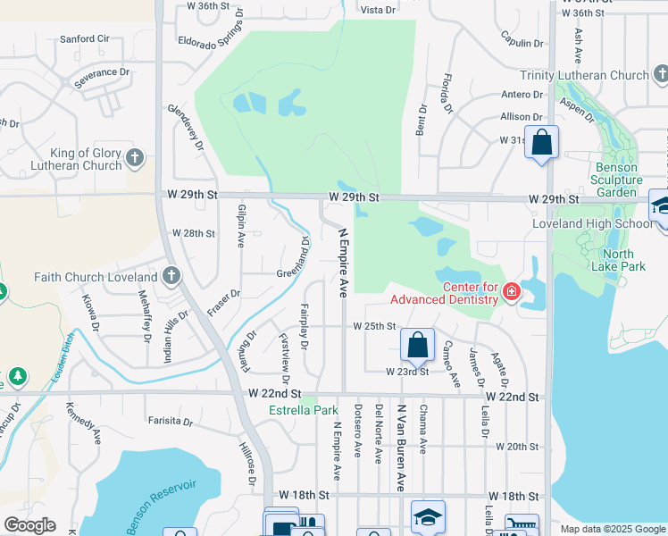 map of restaurants, bars, coffee shops, grocery stores, and more near 2606 North Empire Avenue in Loveland
