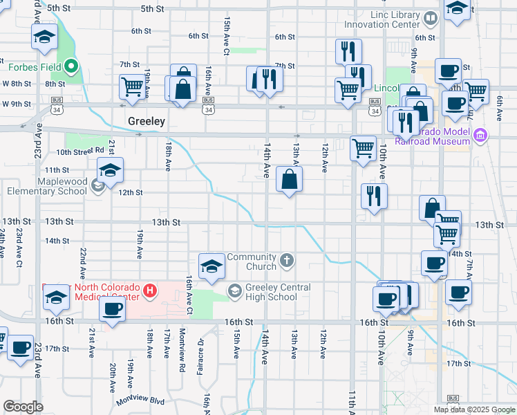 map of restaurants, bars, coffee shops, grocery stores, and more near 1218 14th Avenue in Greeley