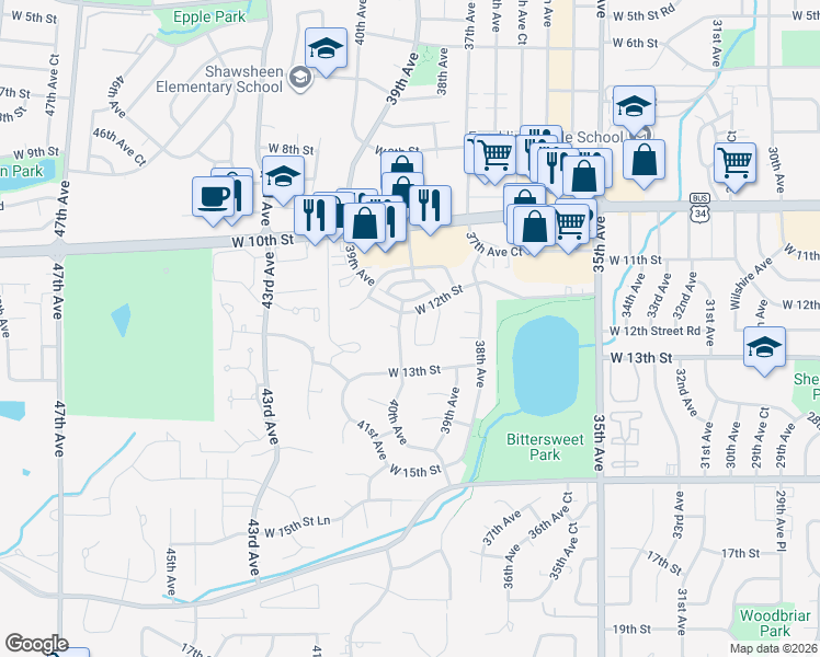map of restaurants, bars, coffee shops, grocery stores, and more near 3950 West 12th Street in Greeley