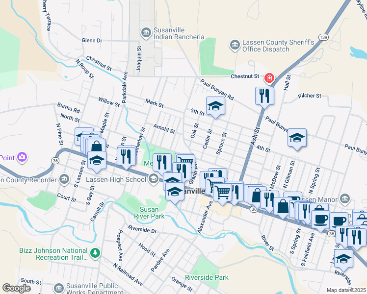 map of restaurants, bars, coffee shops, grocery stores, and more near 1209 North Street in Susanville
