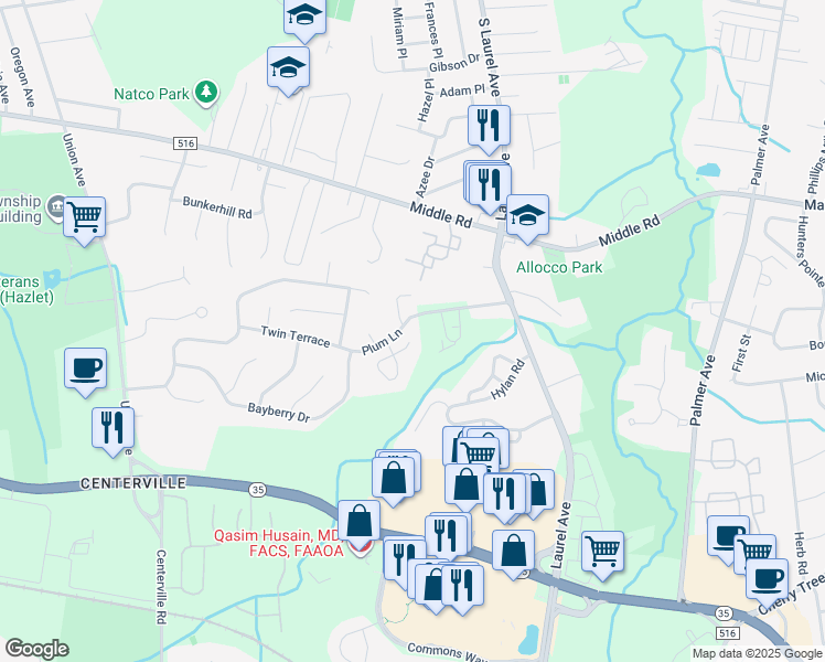 map of restaurants, bars, coffee shops, grocery stores, and more near 11A Plum Lane in Holmdel
