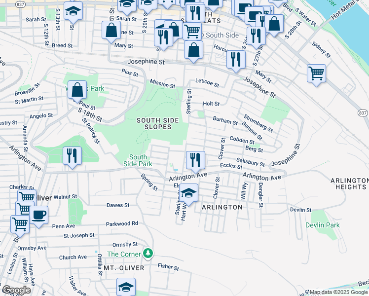 map of restaurants, bars, coffee shops, grocery stores, and more near 2303 Salisbury Street in Pittsburgh