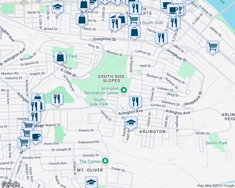 map of restaurants, bars, coffee shops, grocery stores, and more near 1404 Fernleaf Street in Pittsburgh
