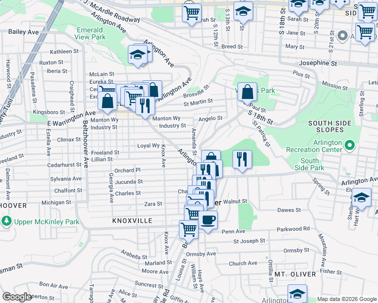 map of restaurants, bars, coffee shops, grocery stores, and more near 1508 Arlington Avenue in Pittsburgh