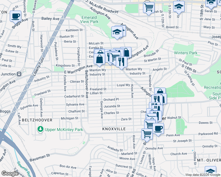 map of restaurants, bars, coffee shops, grocery stores, and more near 405 Allen Street in Pittsburgh