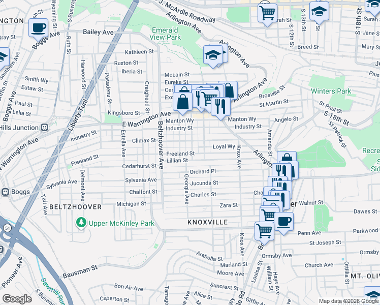 map of restaurants, bars, coffee shops, grocery stores, and more near 402 Walter Street in Pittsburgh