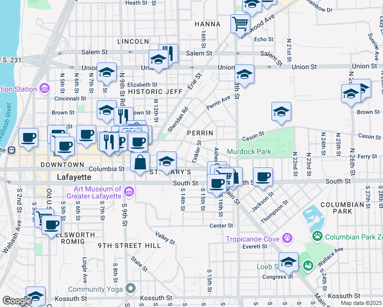 map of restaurants, bars, coffee shops, grocery stores, and more near 204 Tinkler Street in Lafayette
